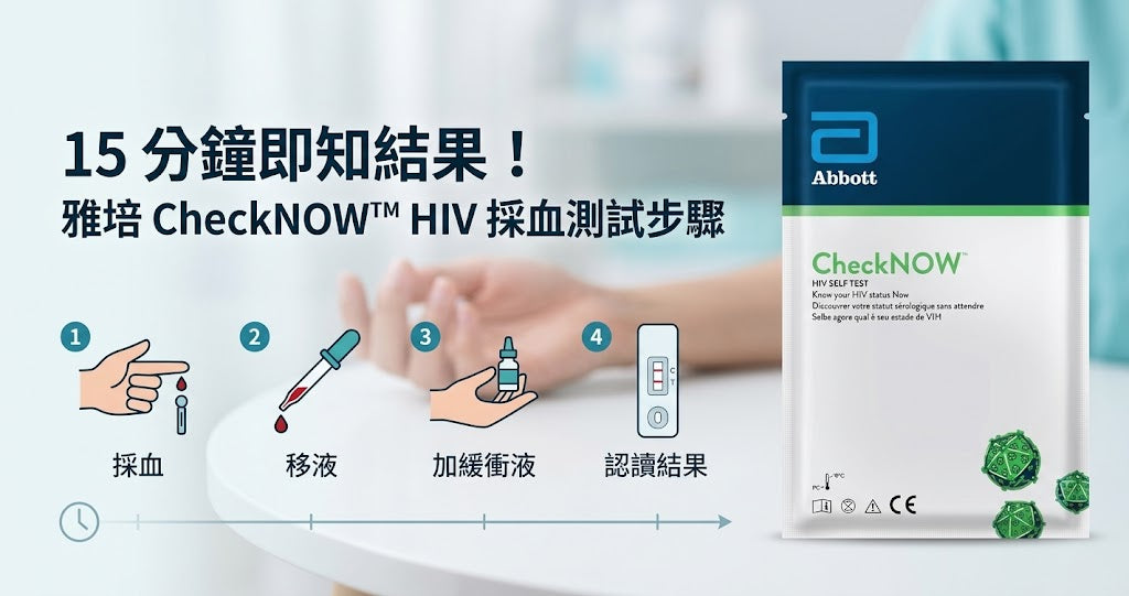 雅培 CheckNOW HIV 採血測試 4 步圖解 - 採血、移液、加緩衝液與認讀結果教學