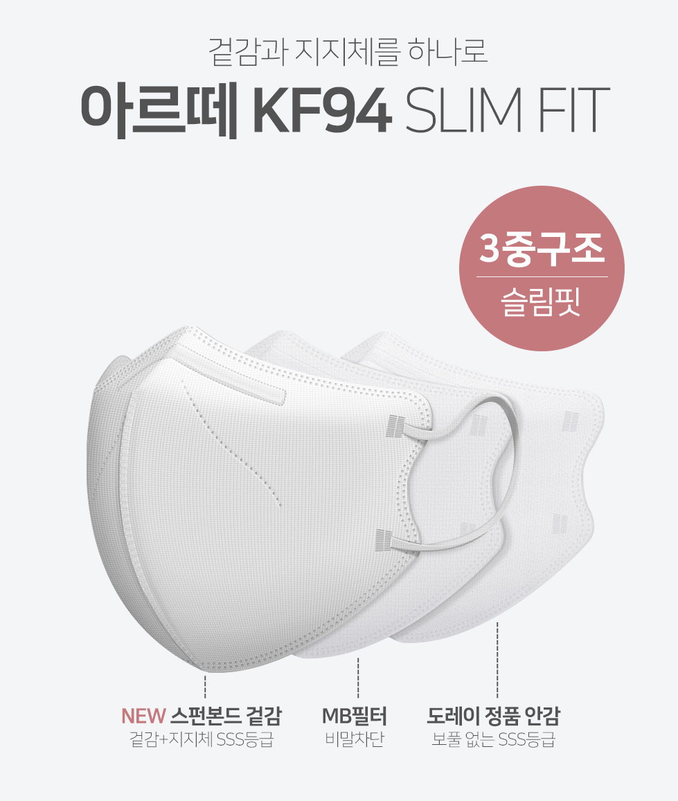 Children's KF94 2D face masks by Arte, featuring a sleek, fitted design for kids, packaged in a box of 50 masks.